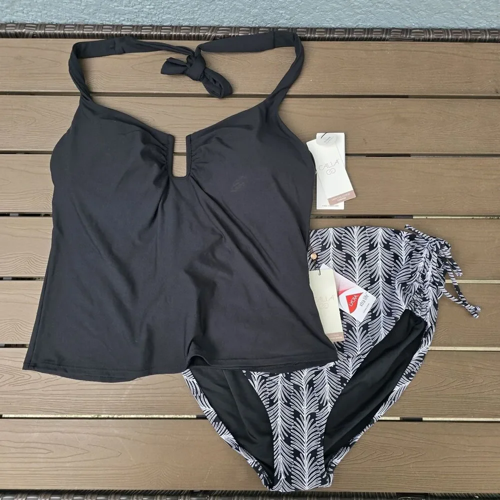 CALIA Women's Black U-Bar Halter Cami Tankini W/ Ruched Side Bikini Sz 1X New